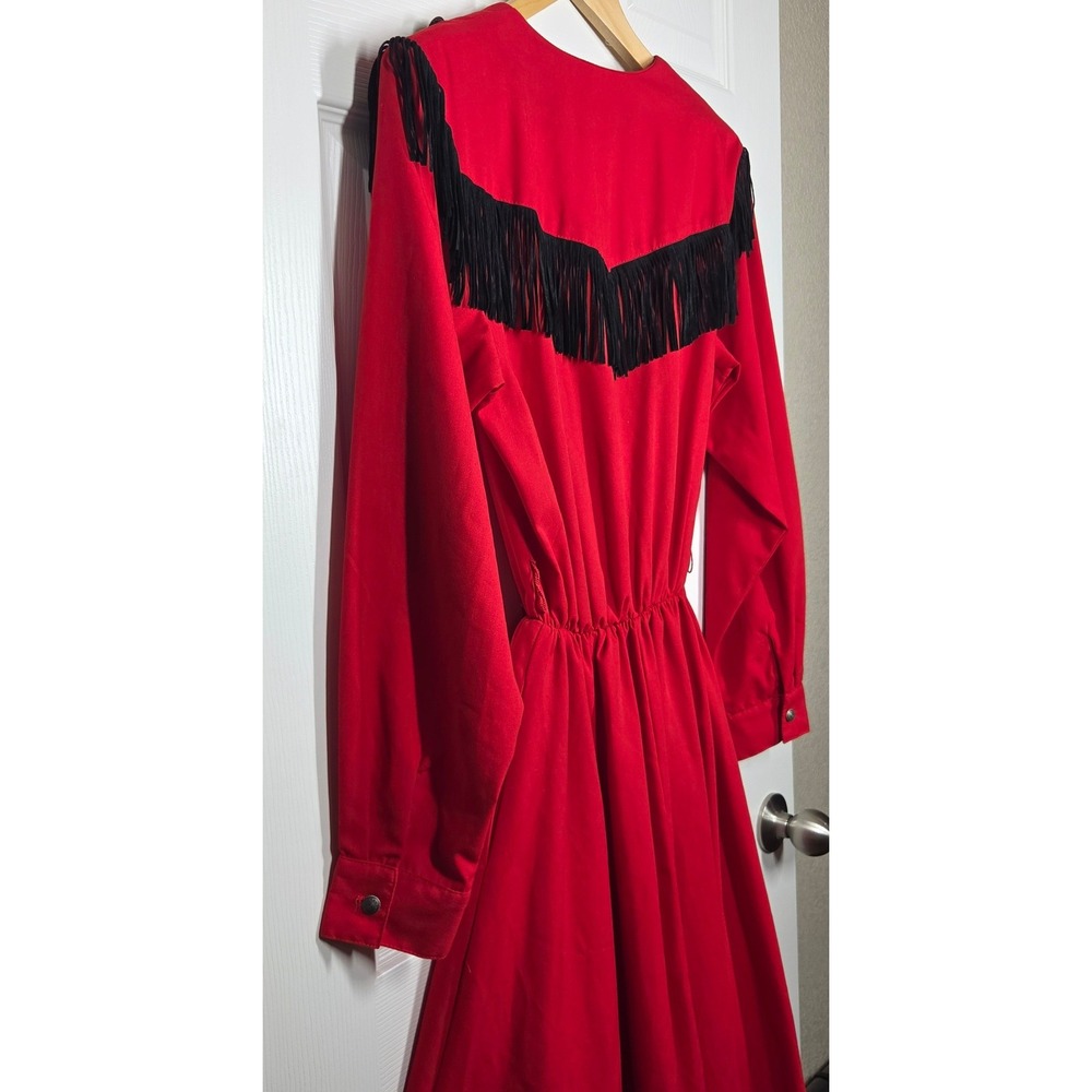 VTG Western Collection Red Rodeo Dress Fringe Concho Wolf M USA Circle Skirt - Picture 10 of 14